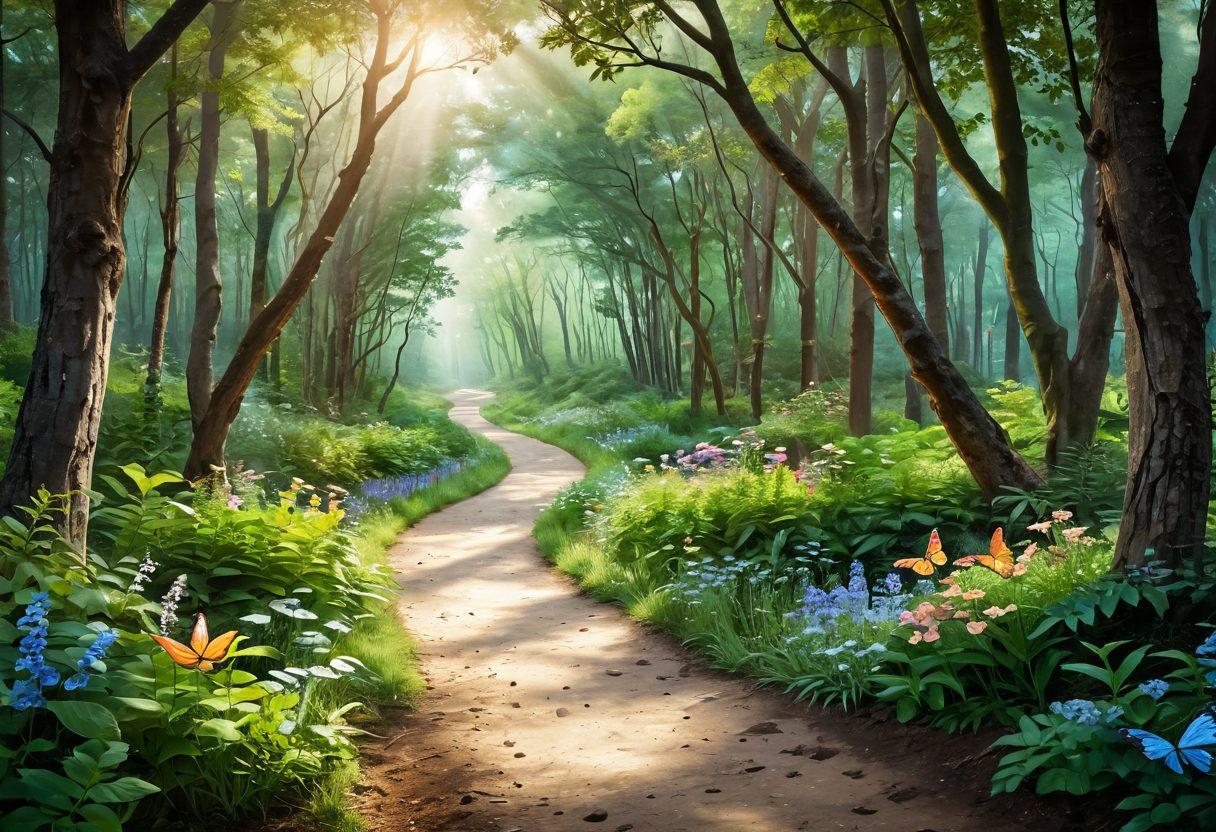A serene landscape depicting a pathway winding through a lush forest, symbolizing the journey from diagnosis to survivorship. Along the path, illustrations of diverse individuals holding hands, showcasing unity and support, with gentle light filtering through the trees. Include symbols of hope, such as butterflies and blooming flowers, to represent growth and resilience. The image should evoke feelings of warmth, encouragement, and strength in a supportive community. super-realistic. vibrant colors. peaceful atmosphere.