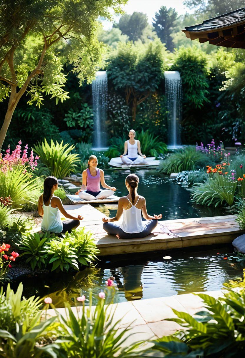 A serene scene depicting a diverse group of people practicing holistic healing techniques in a sunlit garden. Include elements like yoga, meditation, and essential oils, surrounded by lush greenery and vibrant flowers. Add soft, flowing water from a small fountain to symbolize tranquility. The atmosphere should evoke a sense of peace and wellness. watercolors. soft focus. vibrant colors.