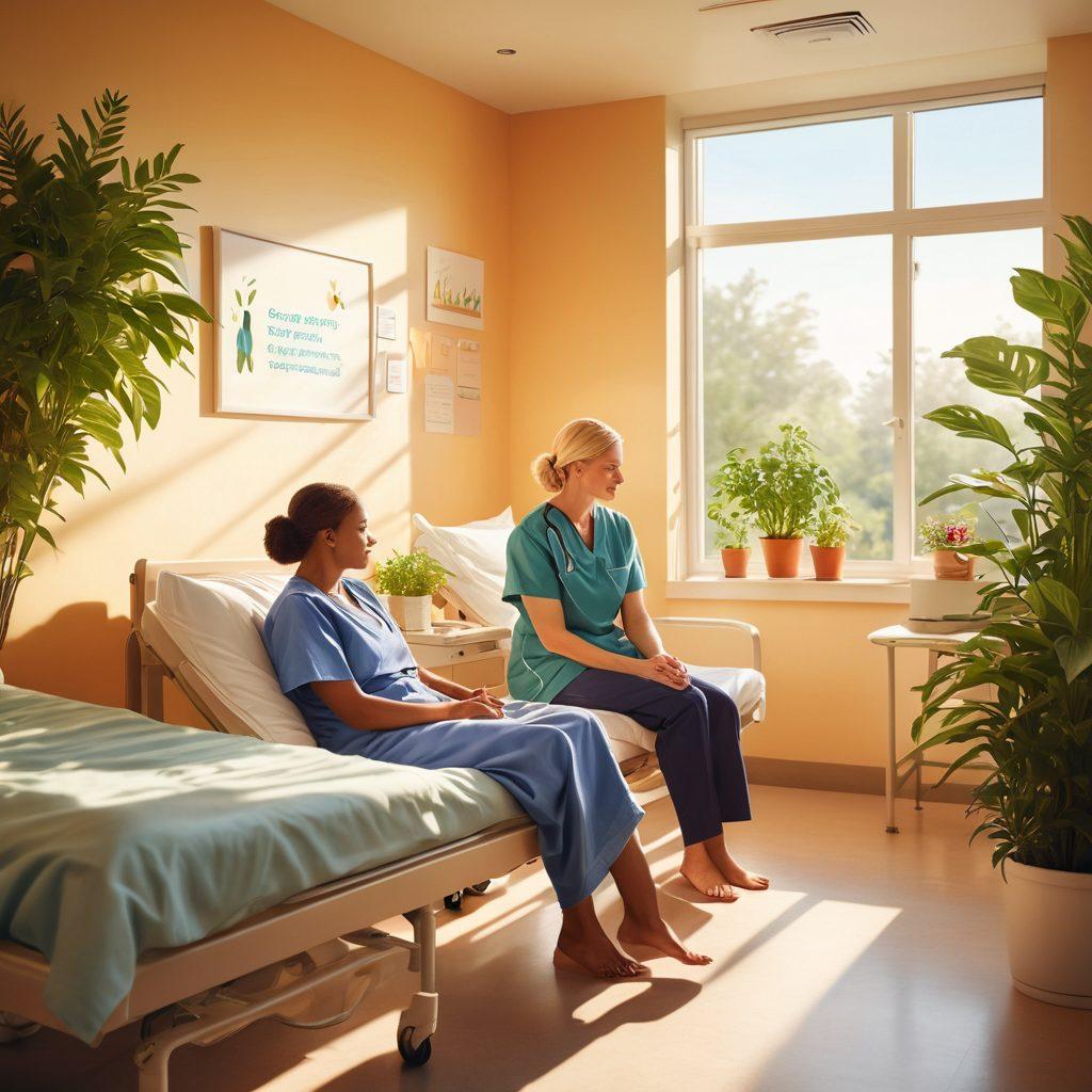 A compassionate scene where a patient sits with a caring nurse in a sunlit hospital room, surrounded by supportive family, illustrating hope and resilience. The background features uplifting artwork and plants, symbolizing the healing journey. Incorporate visual elements like infographics or guidelines on navigating cancer effectively, with a warm color palette to evoke optimism. digital illustration. vibrant colors. soft lighting.